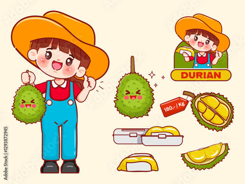 Cute farmer or vendor with Durian logo cartoon design. Hand drawn vector illustration premium.