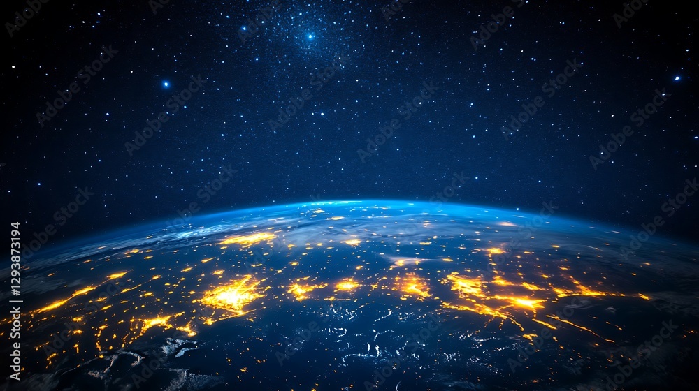 Obraz premium Earth Sunrise from Space with Golden Horizon, A stunning view of Earth from space with a sunrise casting golden light over the horizon, illuminating clouds and the atmosphere