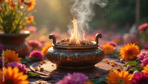 Burning herbs in decorated bowl during summer. Mystical ambiance with flowers. Warm sun season celebration with fire ritual honoring earth. Pagan wiccan tradition. Magical enchanting ceremonial scene.