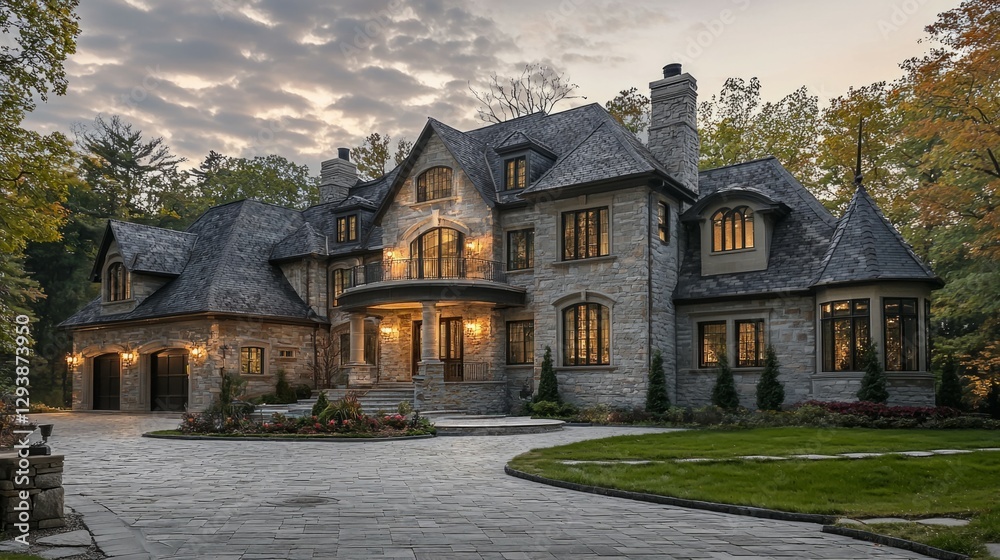 Fototapeta premium Elegant Luxury Stone House Surrounded by Lush Greenery at Dusk