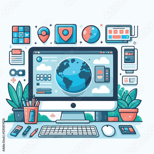 computer, digital, business, technology, communication, laptop, tech, work, office, web, internet, design, employee, vector, information, monitor, pc, modern, device, person, electronic, desktop, scre