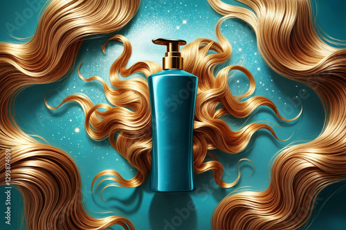 A mockup template blue bottle with a golden pump, surrounded by strands of golden hair that appear to be floating or flowing.