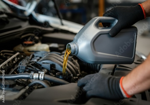 Pouring engine oil into a car's engine for maintenance and performance