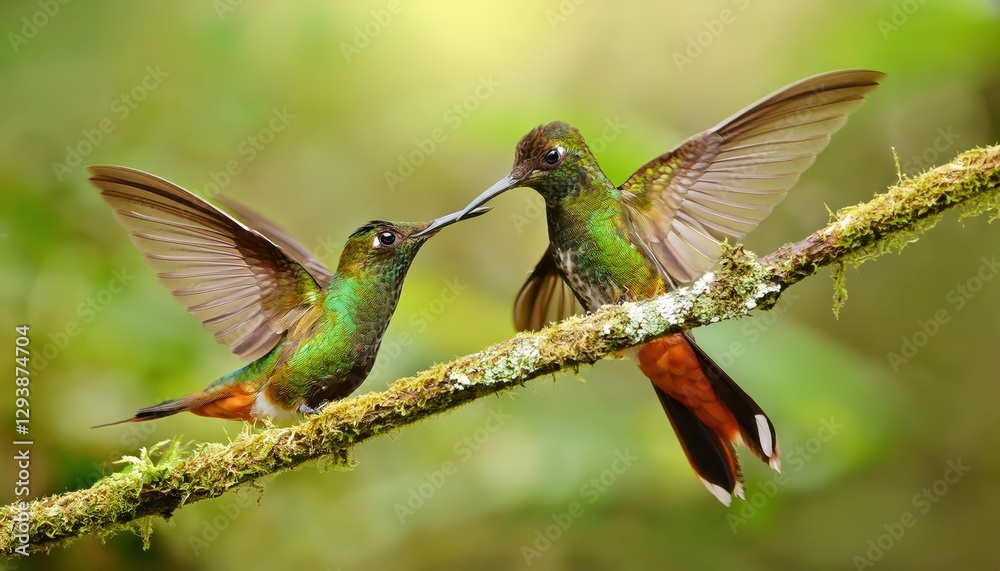 Naklejka premium Santa Marta Woodstar Radiant Chaetocercus astreans, Endemic Hummingbird from Colombia Caught MidFlight in a Tropical Sunset, Capturing the Vibrancy and Majesty of South American Wildlife.