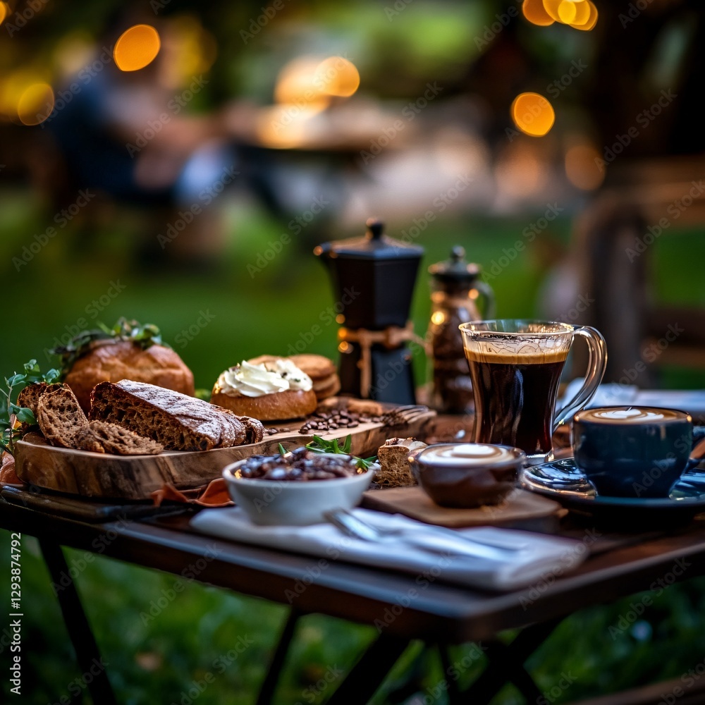 Fototapeta premium Coffee, pastries, and drinks on a garden table at dusk