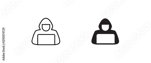 Computer hacker with laptop icon, Spy agent searching sign, symbol, logo, illustration, editable stroke, flat design style isolated on white