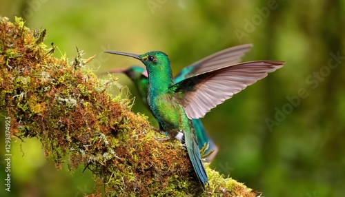 Santa Marta Woodstar in Bloom Vibrant Chaetocercus astreans Hummingbird Soaring above Colombias Lush Cloud Forest, Captured at Dusk photo