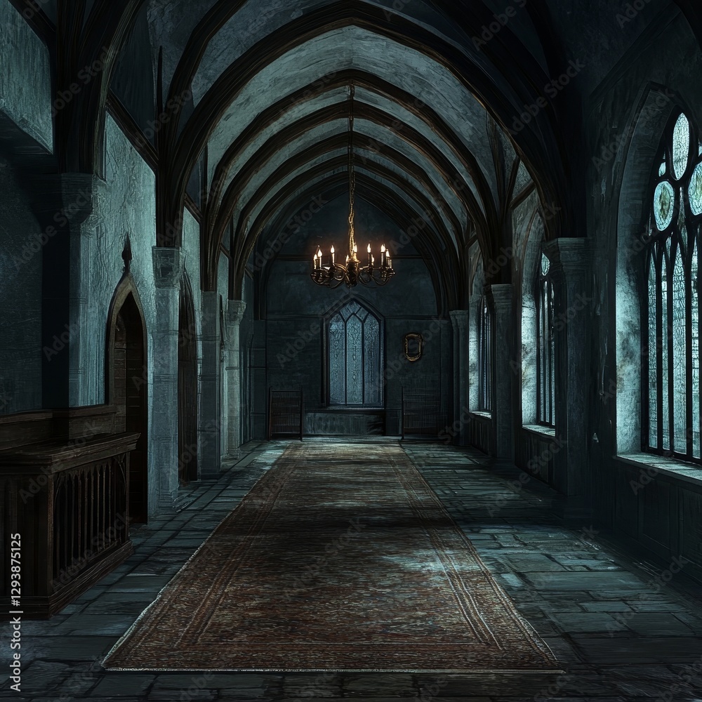 Interior of a medieval church with columns and doors, 3d render Interior of a medieval church with columns and doors, 3d render