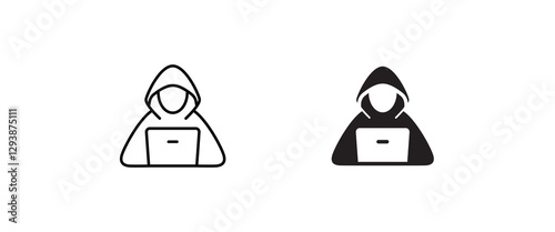 Computer hacker with laptop icon, Spy agent searching sign, symbol, logo, illustration, editable stroke, flat design style isolated on white