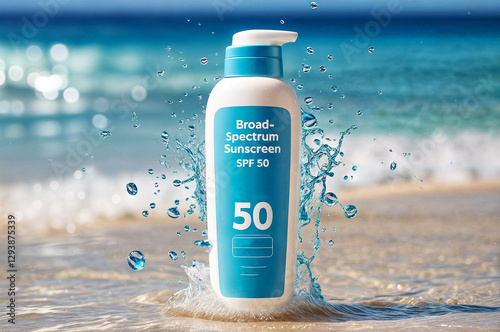 A bottle of Broad-Spectrum Sunscreen SPF 50 surrounded by water droplets, against a background of the ocean.