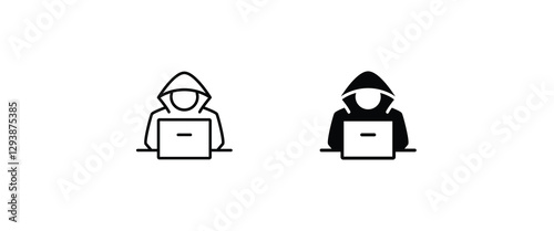Computer hacker with laptop icon, Spy agent searching sign, symbol, logo, illustration, editable stroke, flat design style isolated on white