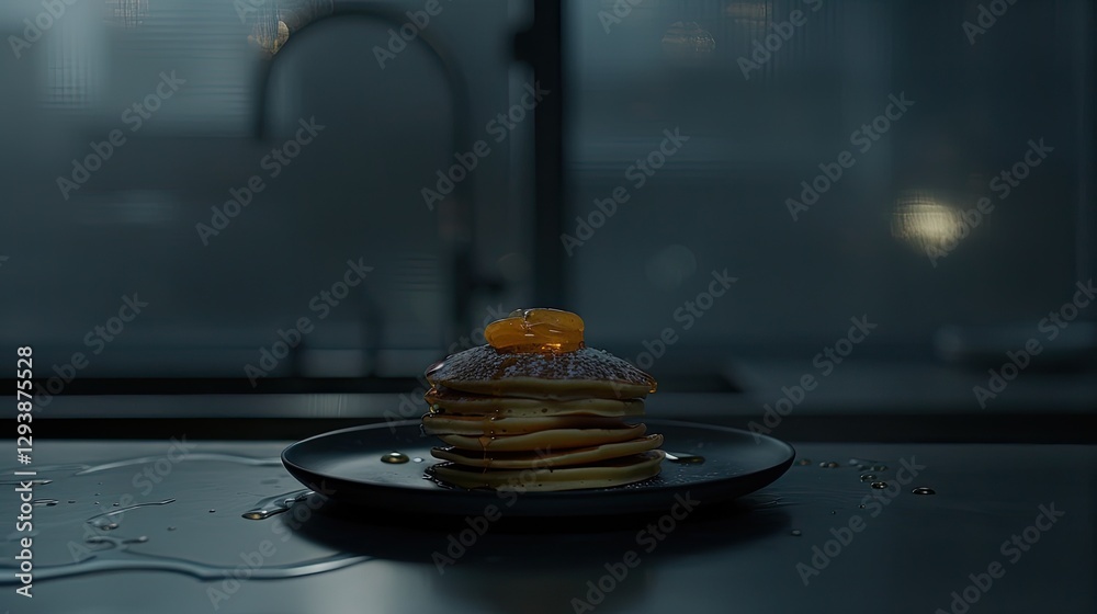 Fototapeta premium A stack of fluffy pancakes with banana and honey