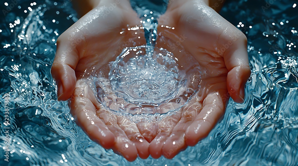Fototapeta premium Human hands cupping clear water as a droplet splashes, with a blue, blurred background