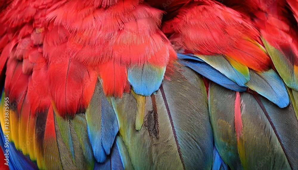 Obraz premium Stunning Closeup of Vivid Scarlet Macaw Feathers, Showcasing Striking Textures and Patterns against the Lush Tropical Greenery