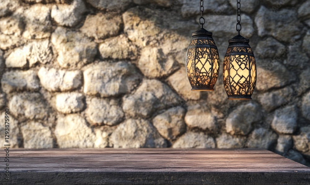 two hanging Ramadan lanterns on the right side of an empty rustic table with a stone wall background. Concept for an Islamic festival and celebration, banner design, mockup