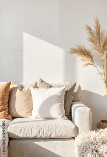 Elegant neutral-toned couch with linen cushions, minimalist interior