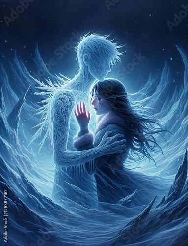A fantasy artwork of a glowing figure embracing a woman, symbolizing love and connection amidst a snowy environment.

