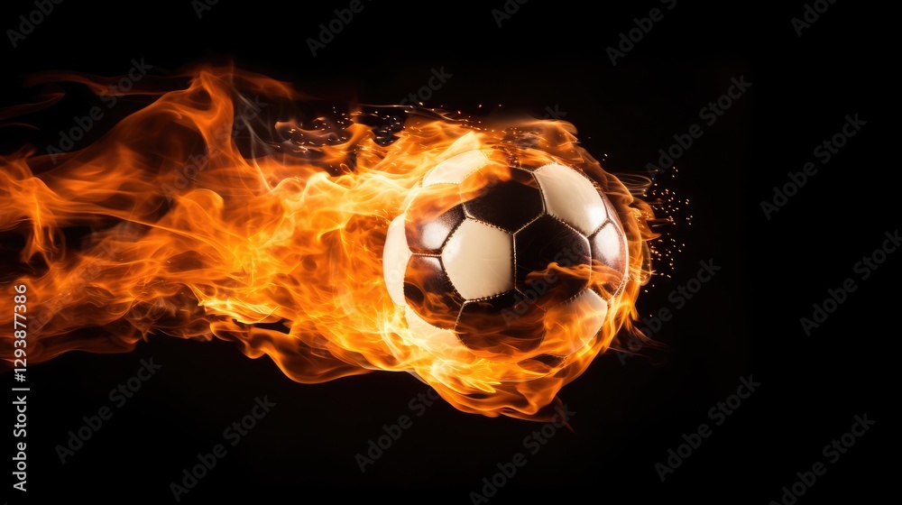 Naklejka premium Dynamic soccer ball igniting flames stadium sports action dramatic environment close-up view intense concept