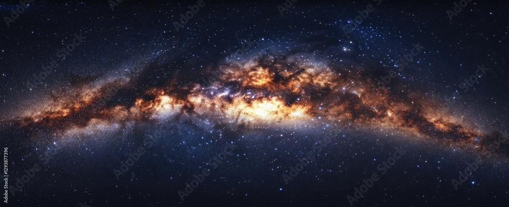 Obraz premium Dramatic starry universe backdrop with radiant galactic center, perfect for space exploration websites, sci-fi book covers, or planetarium promotions.