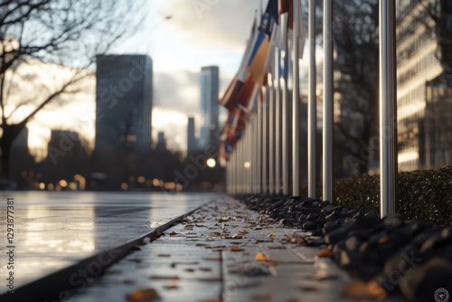 A row of national flags on flagpoles in a diplomatic setting (e.g., in front of the UN building). 