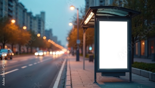 Vertical advertising poster mockup at bus stop shelter near main road. Billboard display space in city street with cars. Urban roadside banner template for advertisement content.