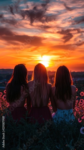 Friends enjoy sunset view; rural field; possible use for happiness concept