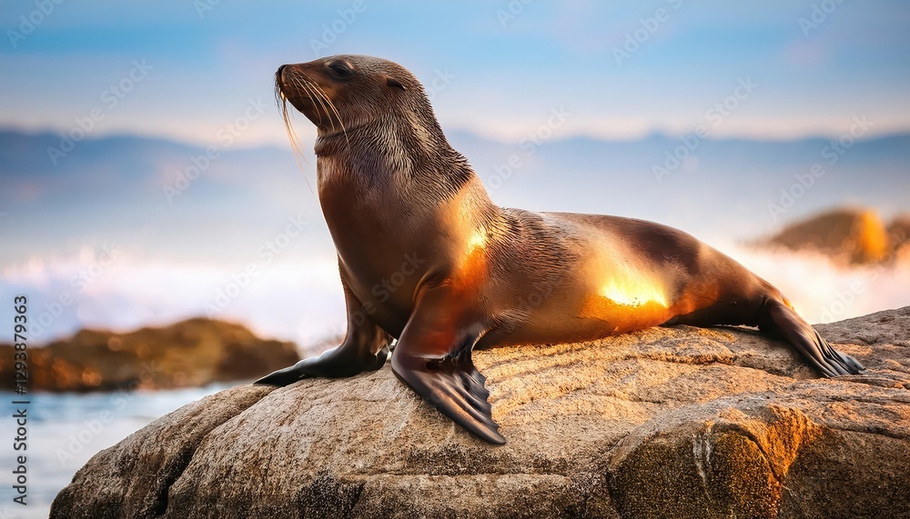 Fototapeta premium Majestic Sea Lion lounging on rocky outcrop amidst the crashing waves of a sunlit Pacific coast, capturing the essence of natures wild beauty.