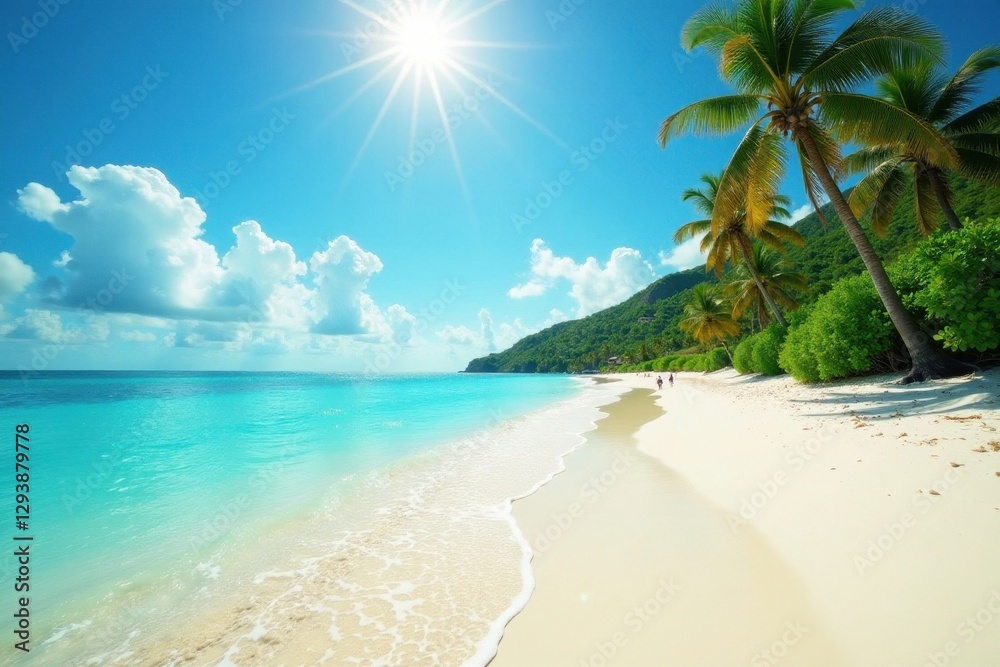 Fototapeta premium Sun-drenched white sand, turquoise waves lap shore, lush palms , idyllic, untouched, tropical beach