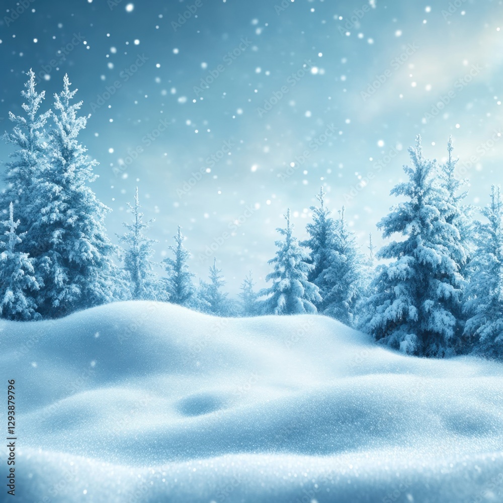 Naklejka premium Serene winter wonderland landscape with snow covered ground and frosted pine trees under a soft snowfall creating a peaceful and cold atmosphere