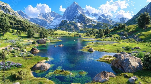 Majestic mountain lake, alpine meadow, sunny day, travel poster