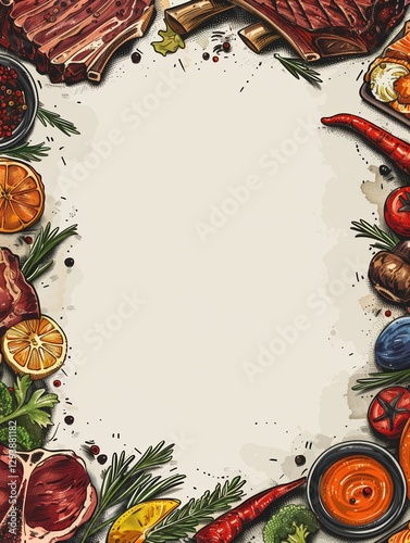 Hand drawn food illustrations, steaks, ribs, grilled vegetables, seafood platters, grey background with decorative elements in the corners of the frame, flat illustration style