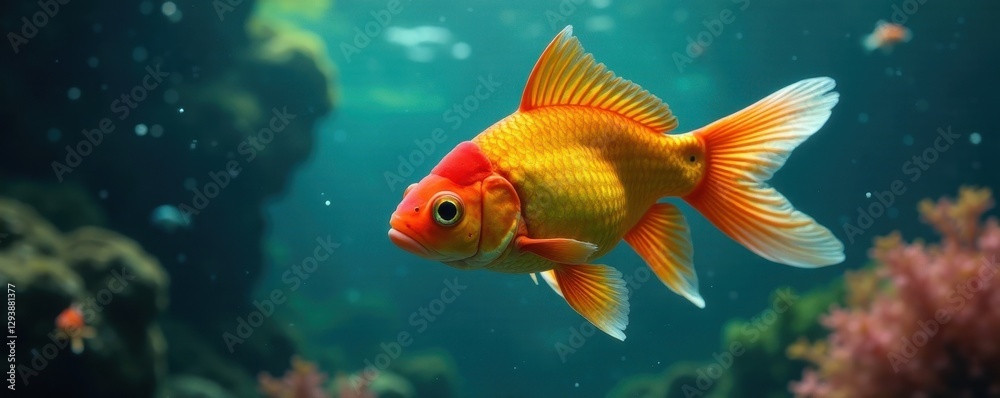 Vibrant goldfish swims towards viewer, underwater scene, detail, macro Vibrant goldfish swims towards viewer, underwater scene, detail, macro