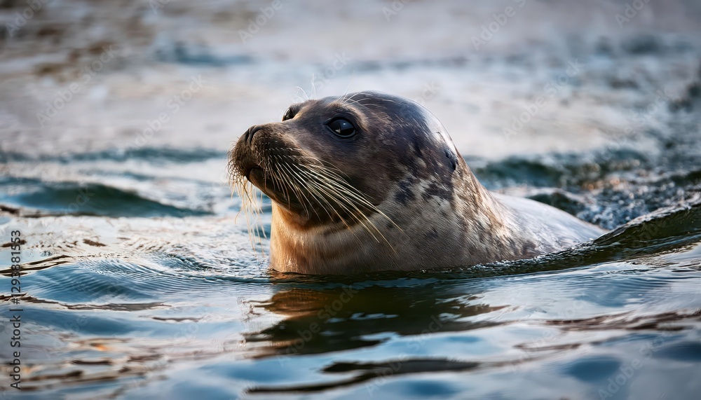 Fototapeta premium Enchanting Seal in Deep Water at Dusk, Captivating the Serene Mood of a Mystical Oceanic Scene, With Cobalt Blue Waters and Spray of White Foam Echoing the Power of the Tide.