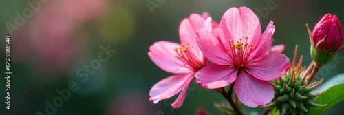 Vibrant pink blossoms unfurl, showcasing delicate petals against spiny green pads , color, close-up, spring