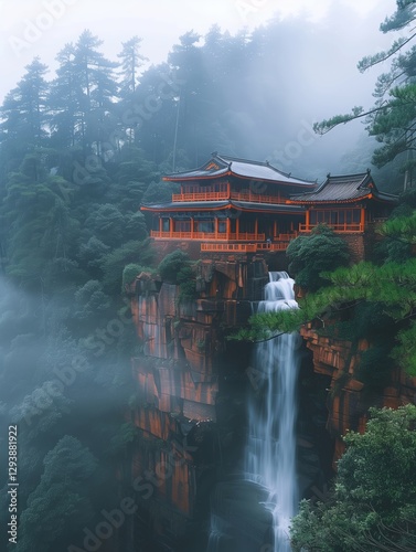 In the distance, there is an ethereal white waterfall on top of Mount Emei in Sichuan Province. The clouds and mist cover it from view, creating a mysterious atmosphere.
