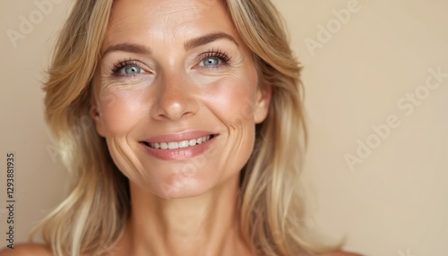 Beauty portrait of middle age woman with blond hair. Smiling female with wrinkles, aging skin. Mature lady closeup. Health, dental care. Anti-aging cream, rejuvenating cosmetics ad concept.