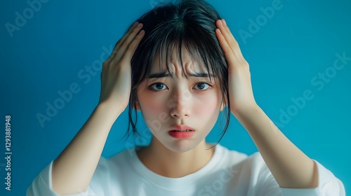 A young woman with her hands on her head, feeling fatigued and worried, against an isolated blue background