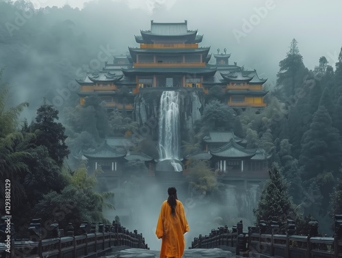 In the distance, there is an ethereal white waterfall on top of Mount Emei in Sichuan Province. The clouds and mist cover it from view, creating a mysterious atmosphere.