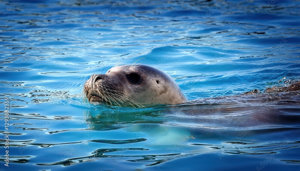 Fototapeta premium Playful Harbor Seal Gliding Through CrystalClear Blue Waters, Captured off the Coast of a picturesque Rocky Shoreline in Striking Detail, Displaying Grace and Agility Underwater.