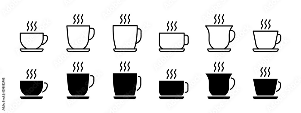 Vector isolated Cup and Saucer icon set in black outline and fill Vector isolated Cup and Saucer icon set in black outline and fill