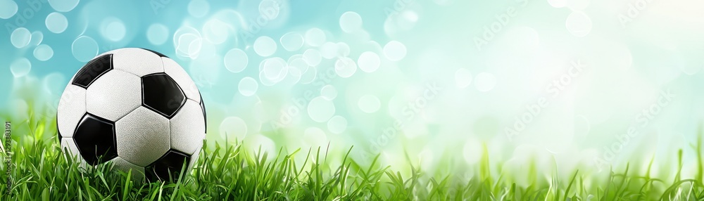 Fototapeta premium Soccer ball on grass, spring background, for sports theme