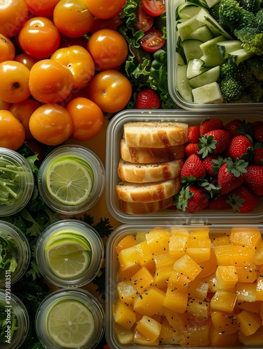 photo lunch boxes from food delivery with beverages on a yellow background,