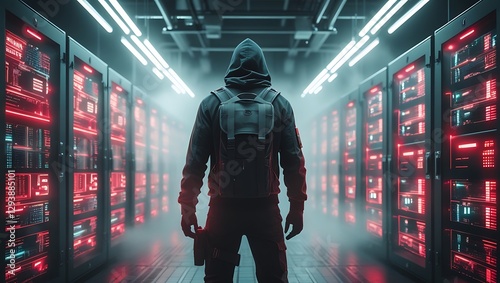 Faceless Cyber Attacker in a Glowing Data Center with neon red light – Digital Security Breach, Hacking, and the Hidden Dangers of Cybercrime
