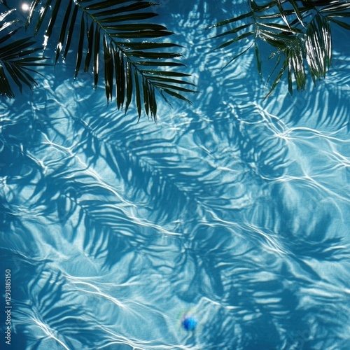 Serene turquoise water reflecting sunlight and palm fronds creating a tranquil tropical summer scene in a cool blue tone