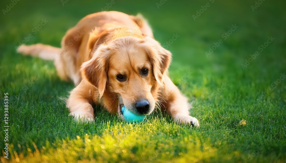 Golden Retriever Playfully Chasing a Rubber Ball on a Lush Green Lawn in a Golden Hour Glow An Invigorating and Captivating Moment in Nature Golden Retriever Playfully Chasing a Rubber Ball on a Lush Green Lawn in a Golden Hour Glow An Invigorating and Captivating Moment in Nature