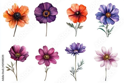 Fototapeta Naklejka Na Ścianę i Meble -  Watercolor floral arrangement of vibrant anemone flowers on a white background, capturing the elegance of botanical illustration and delicate floral art
