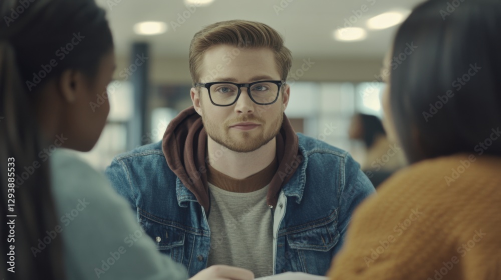 Young man with glasses engaged in conversation with two women, sitting in a casual study environment, showcasing focus and collaboration among peers. Young man with glasses engaged in conversation with two women, sitting in a casual study environment, showcasing focus and collaboration among peers.