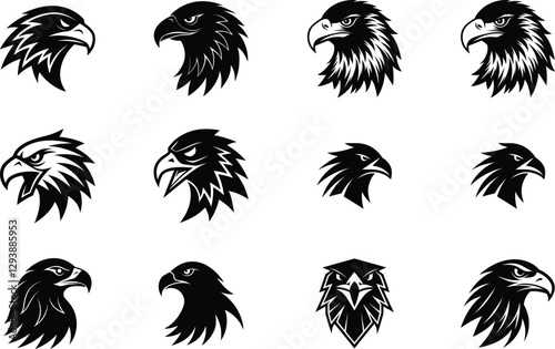 Twelve Eagle Head Designs Black and White Vector Illustrations