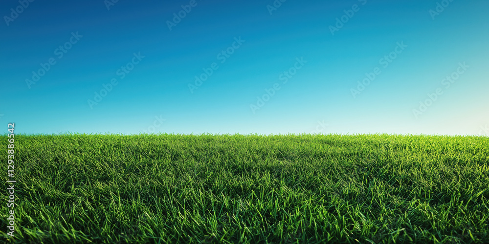 Fototapeta premium Horizon line of green lawn grass with clear blue sky. Beautiful landscape, clear summer day. Nature in summer