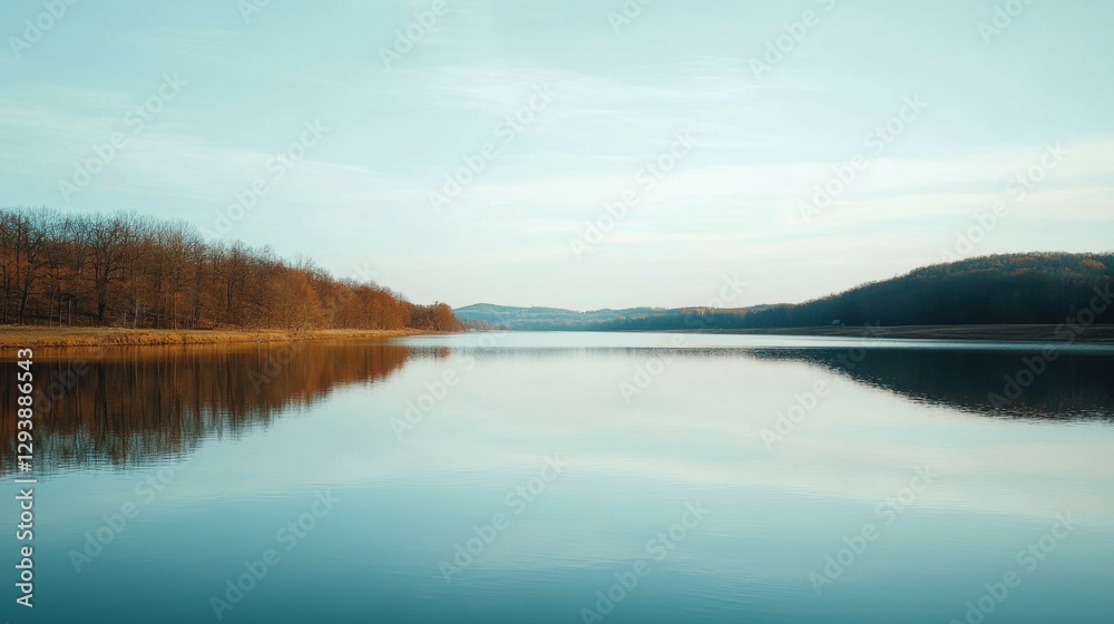 Tranquil Reflection of Trees on Calm Lake Under Clear Sky Tranquil Reflection of Trees on Calm Lake Under Clear Sky